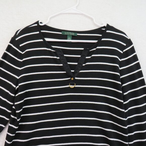 Ralph Lauren Sweater Size Large Black White Striped Gold Tone Logo Accent V Neck - Picture 2 of 9